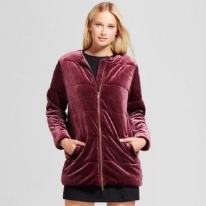 🧣Who What Wear Quilted Velour Puffer Jacket Women’s L Burgundy Pockets Cozy